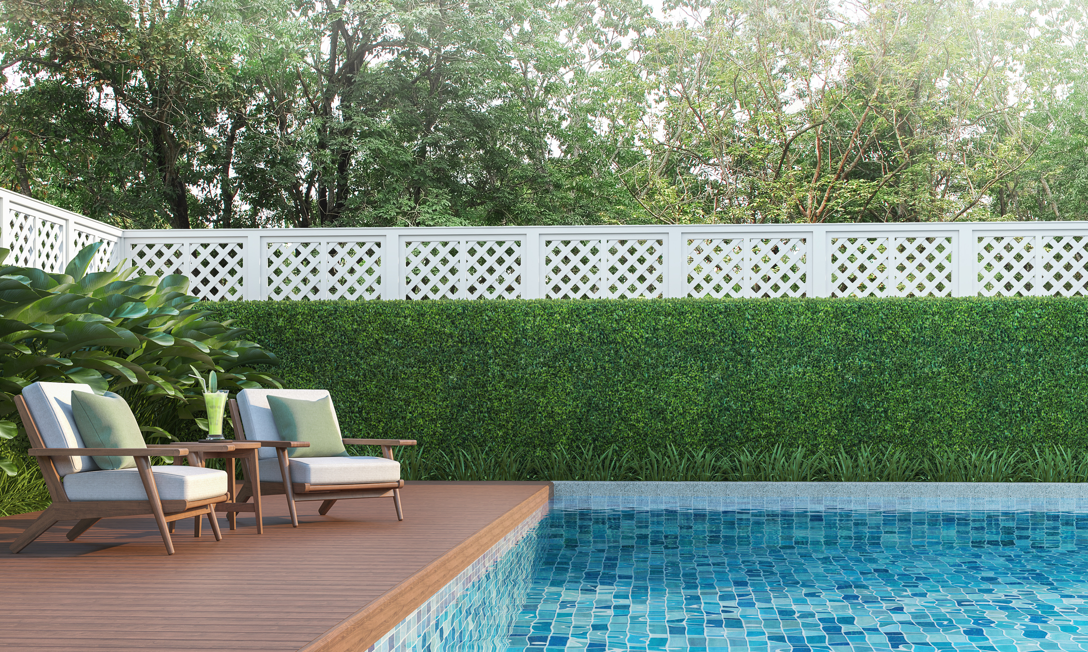 Swimming pool terrace in the garden 3d render Swimming pool terrace in the garden 3d render, There are a wooden floor ,Blue tile in the swimming pool and white fence,Decorated with wooden and white fabric furniture,Surrounded by nature.